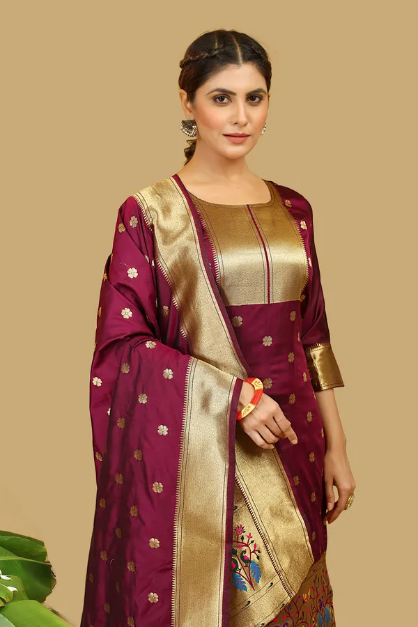 Wine_Colour_Paithani_Suit_Unstitched_Fabric_With_Dupatta